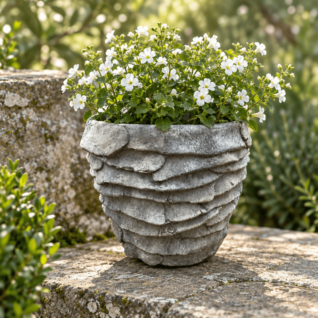Grey cement palm leaf planter styled with white flowers on a weathered stone garden terrace