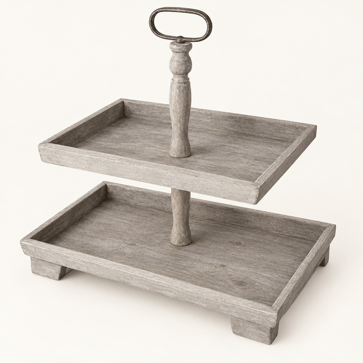 Empty Grey Recycled Pine Two-Tier Display Stand on an ivory studio background