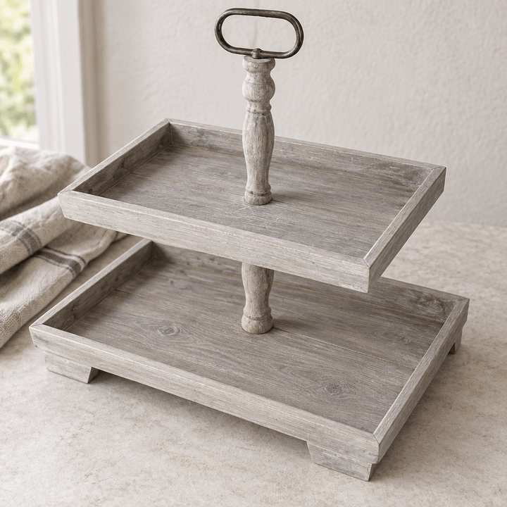 Elevated view of Grey Recycled Pine Two-Tier Display Stand showing rectangular trays and central handle