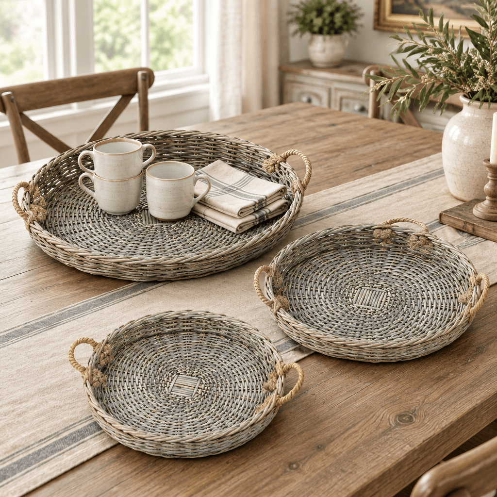 Round willow tray set styled with ceramic cups and folded linens on a dining table