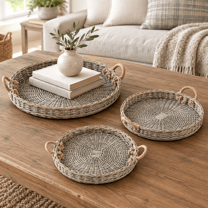 Grey-washed round willow trays with books and a small vase on a wooden coffee table