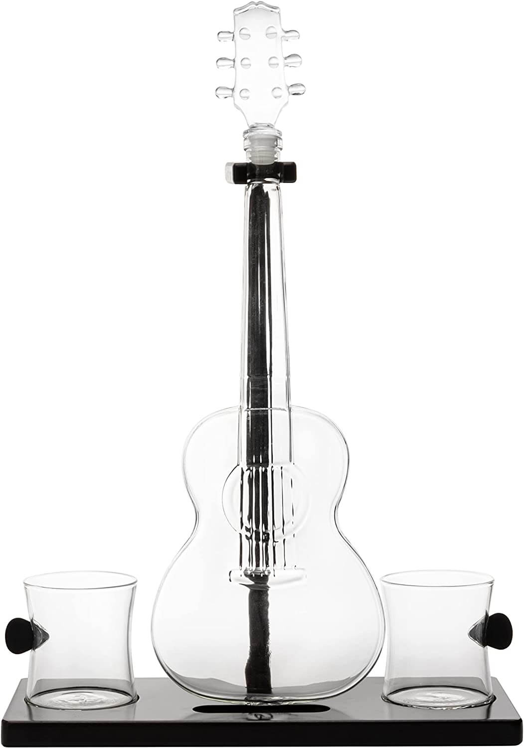 Guitar Whiskey Decanter Set with Glasses and Mahogany Base featuring guitar-shaped decanter and two glasses on a wooden stand.
