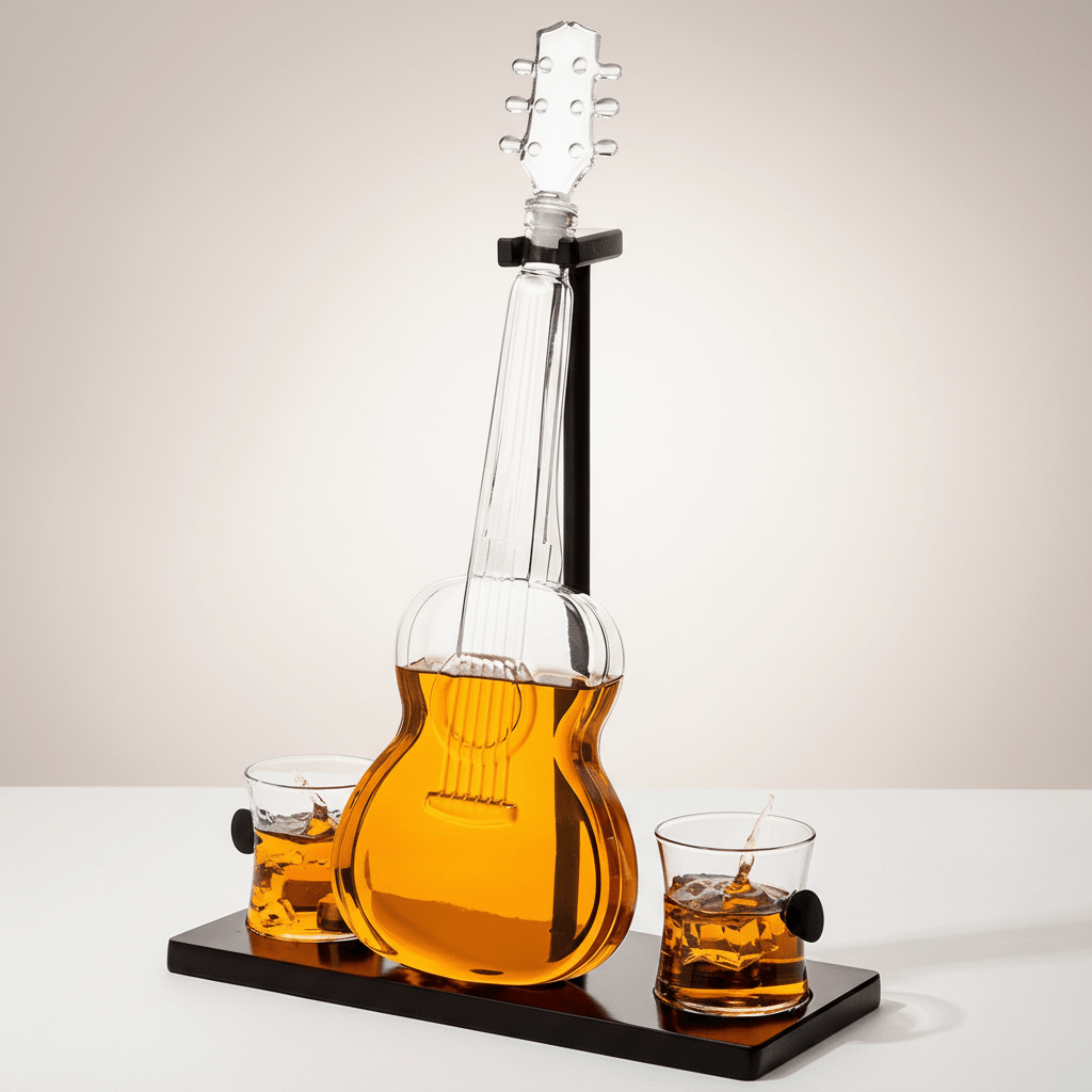 Guitar Whiskey Decanter Set with Glasses and Mahogany Base showcasing artistic design with guitar-shaped decanter and matching glasses.