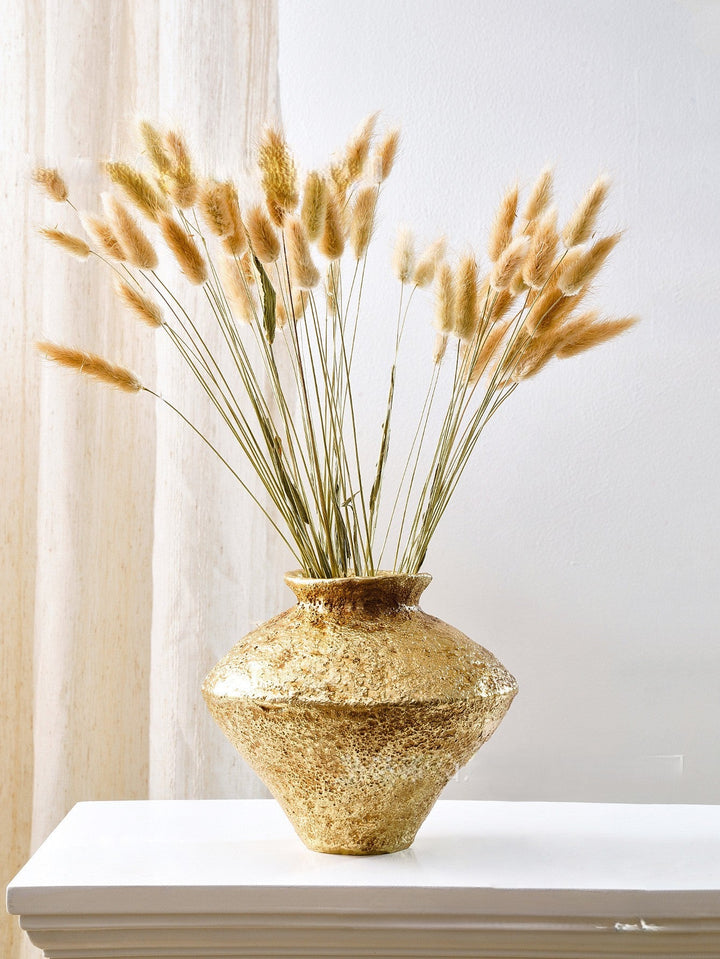 Short Hammered Gold Decorative Vase with soft dried grasses