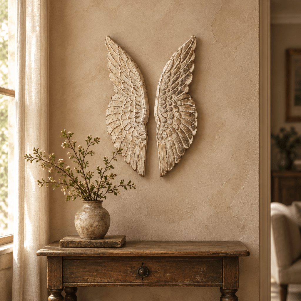 Wooden angel wings styled above a wooden console