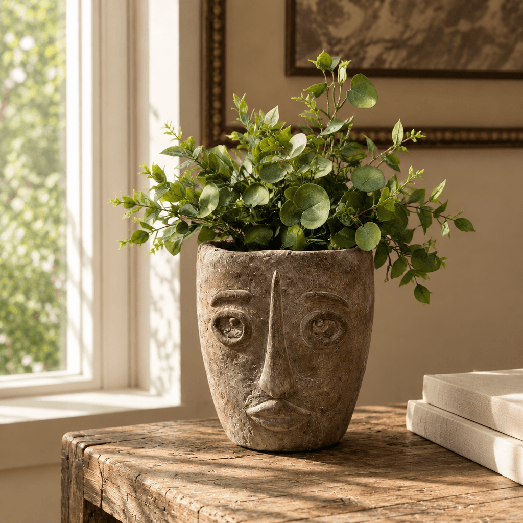 Cement face planter with leafy greenery on an antique wooden console beside linen-bound books