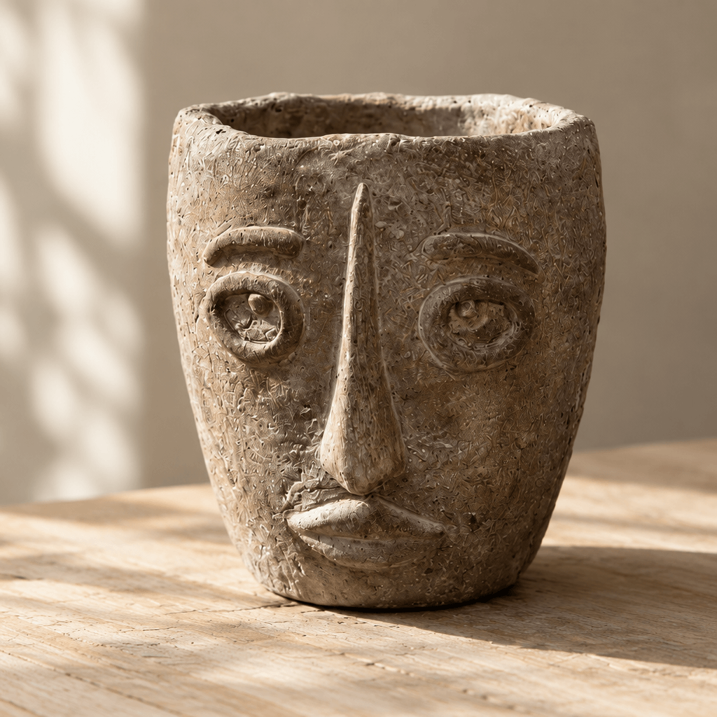Detail of raised facial features, an irregular rim, and rough earthy texture on a cement face planter