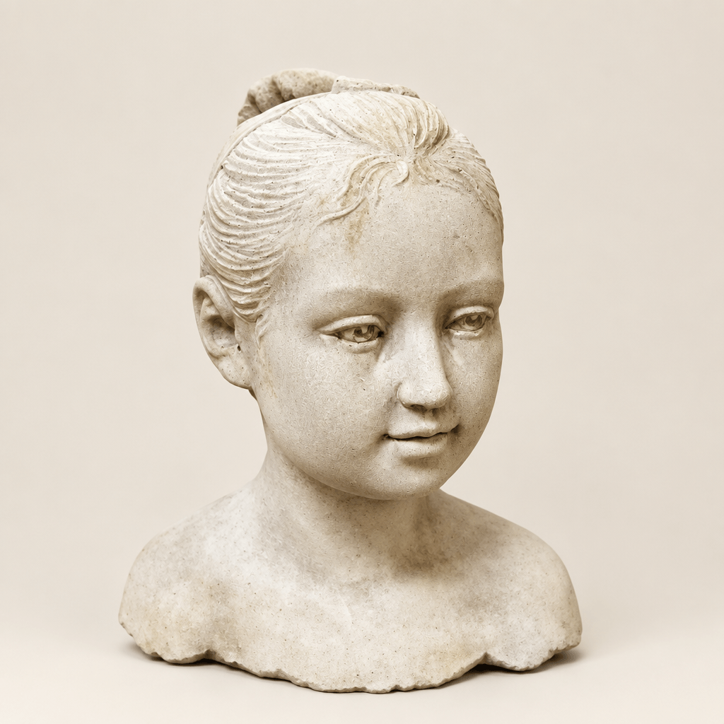 Pale cement girl bust with a gentle expression and pulled-back hair on an ivory studio background