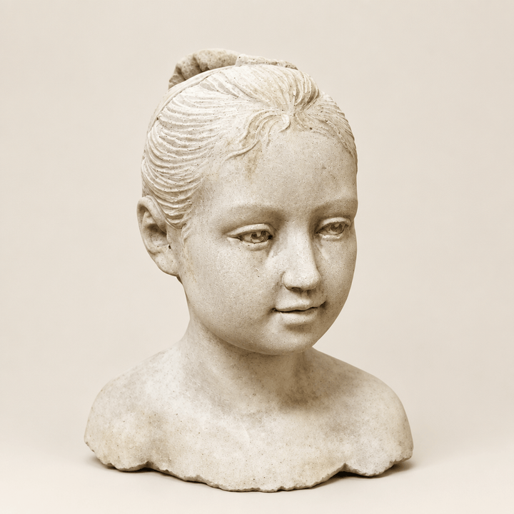 Pale cement girl bust with a gentle expression and pulled-back hair on an ivory studio background