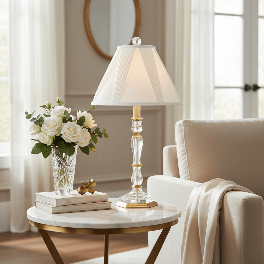 Decorative lamp on a marble table with flowers and books in a living room setting.