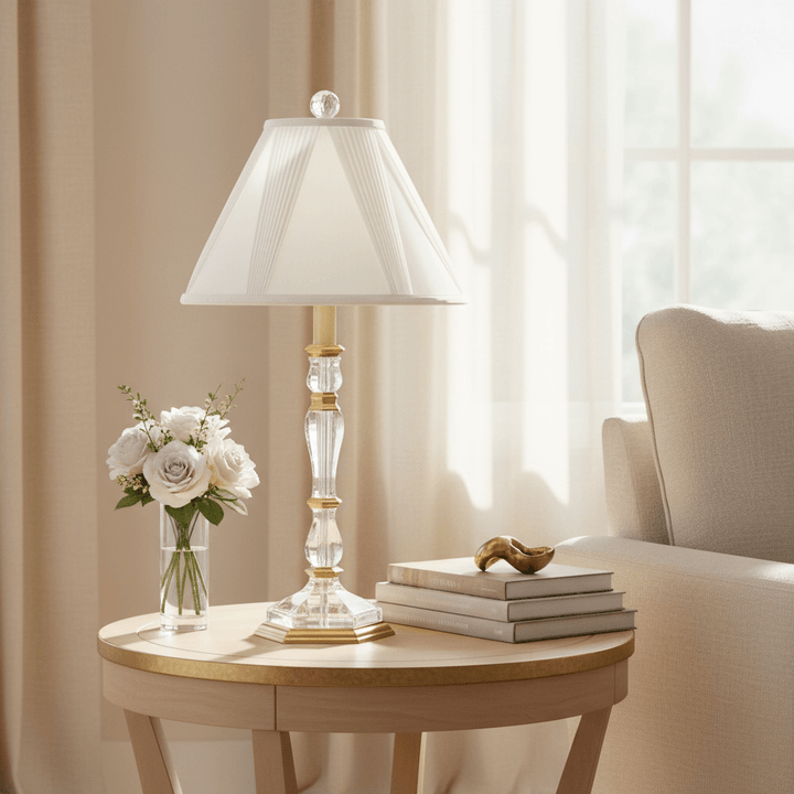 Table lamp with white shade on a side table next to books and flowers, with a chair and curtains in the background.