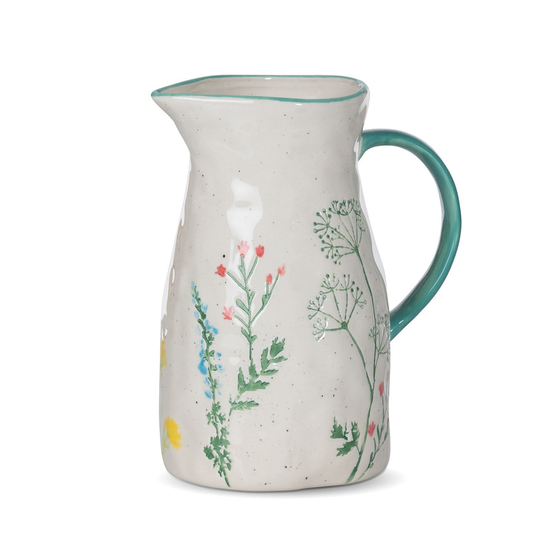 Hand-Painted Ceramic Wildflower Pitcher with pastel wildflower motifs on white ceramic.
