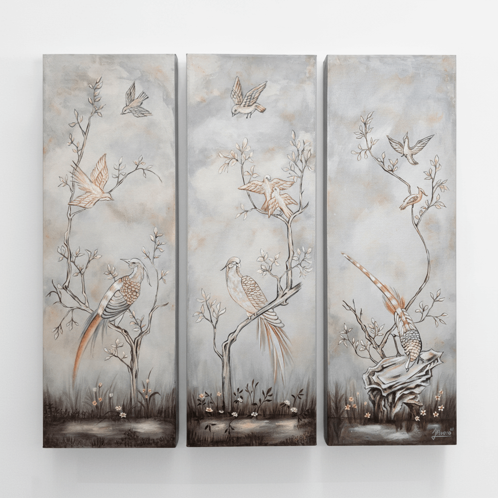 Elegant Hand-Painted Chinoiserie Bird and Branch Wall Panel Set on canvas, showcasing birds and branches in a serene artistic display.