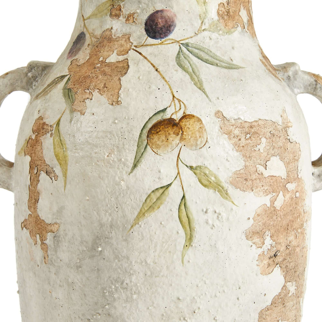 Hand-painted ceramic urn with olive vine design, showcasing rustic Italian craftsmanship and natural clay texture.