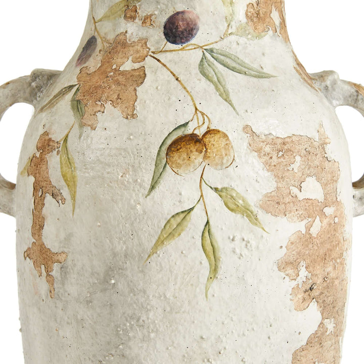 Hand-painted ceramic urn with olive vine design, showcasing rustic Italian craftsmanship and natural clay texture.