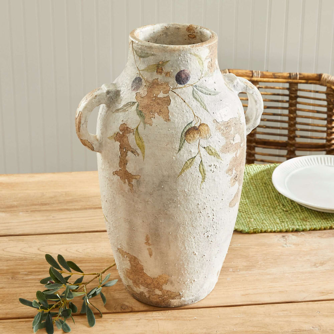 Hand-painted Italian olive vine ceramic urn showcasing rustic charm and old-world craftsmanship.