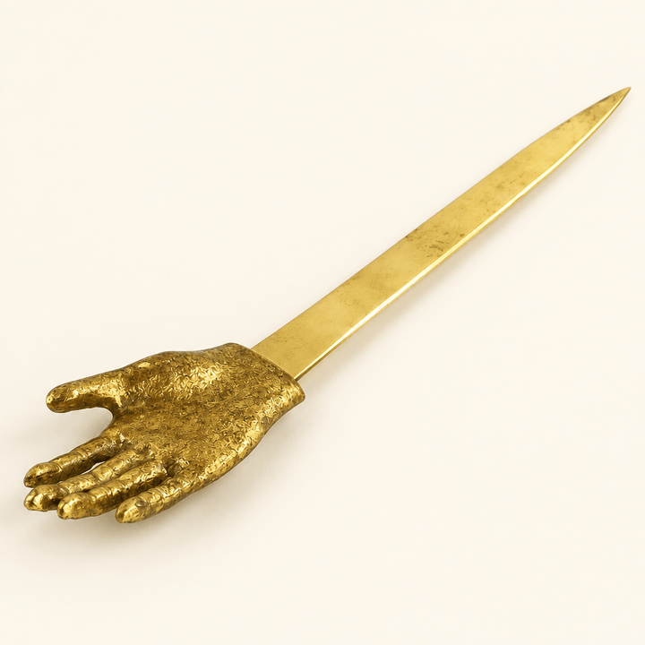 Gold-toned hand-shaped pewter letter opener on a warm ivory studio background