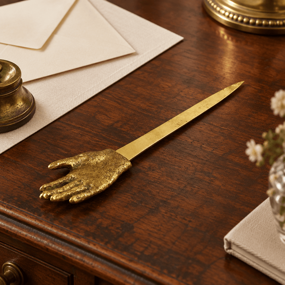 Hand-shaped pewter letter opener styled on a walnut writing desk with cream stationery