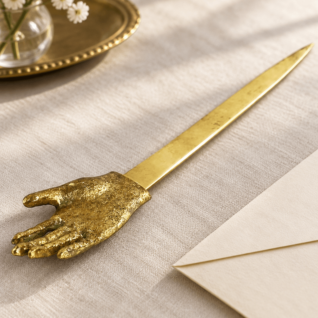 Close-up of the textured gold-toned hand handle of a pewter letter opener on pale linen