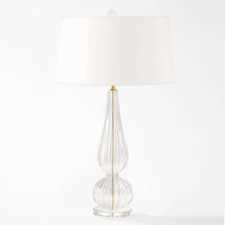 Clear glass table lamp with gold accents on a white background