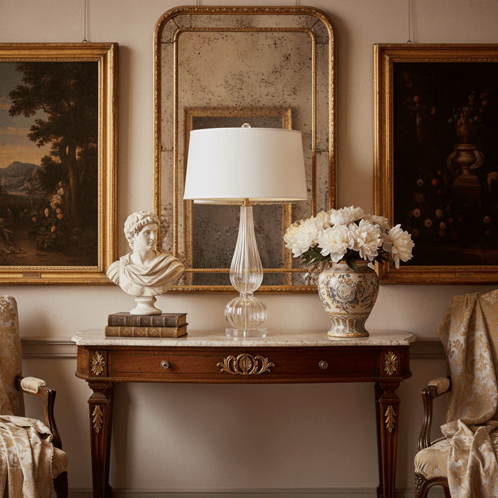 Decorative interior with a marble table, lamp, vase of flowers, and wall art. A glass table lamp is placed on the table.