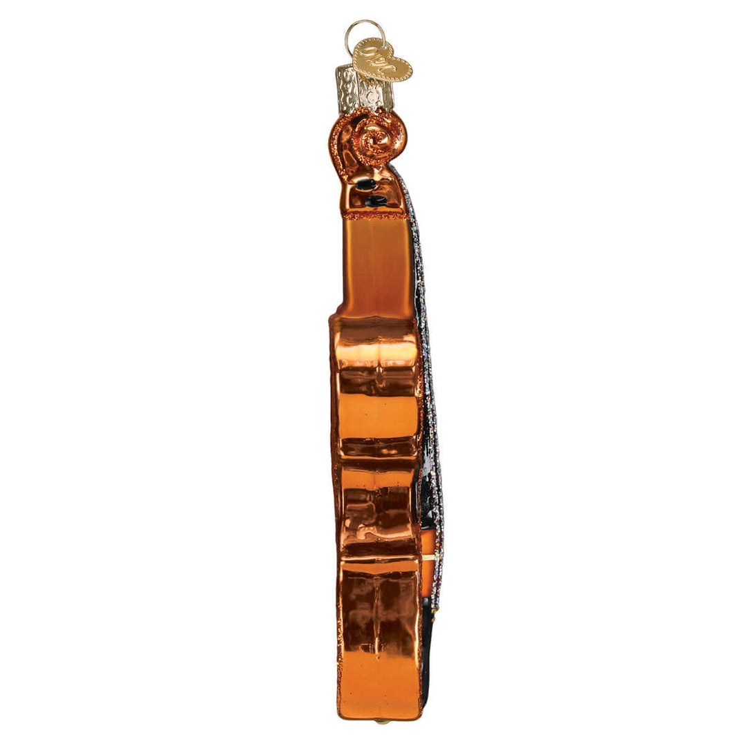 Side view of Handcrafted Glass Cello Christmas Ornament showcasing intricate detailing.