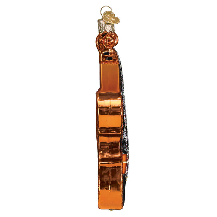Side view of Handcrafted Glass Cello Christmas Ornament showcasing intricate detailing.