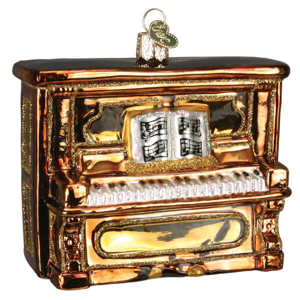 Handcrafted Glass Upright Piano Christmas Ornament with gold and brown detailing capturing musical holiday spirit.