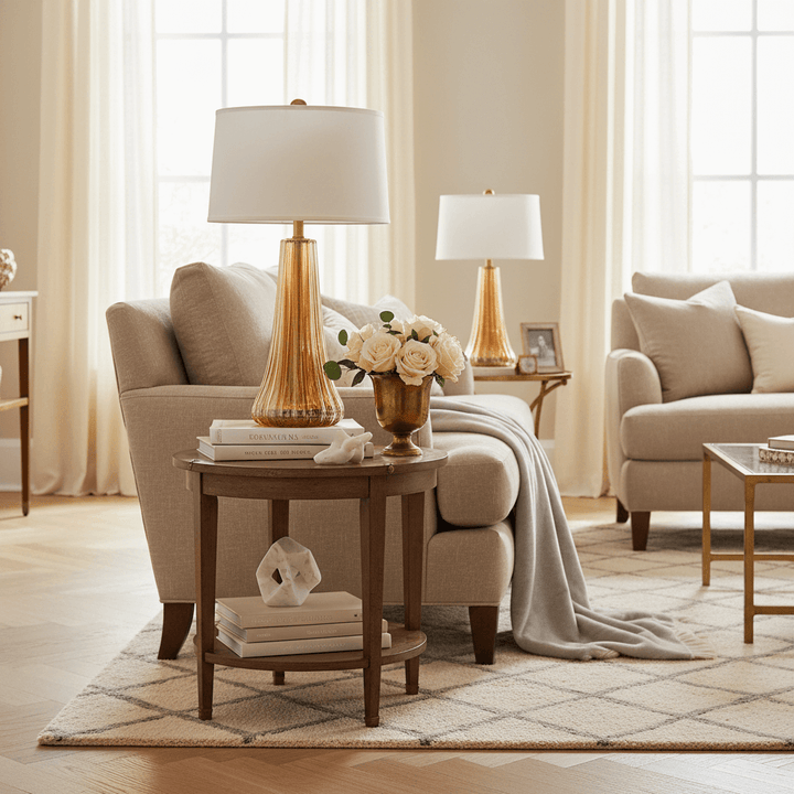 Living room with beige sofa, wooden side table, and decorative items.