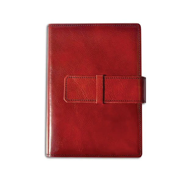 Handcrafted Italian Calfskin Leather Journal in red with buckle closure, showcasing premium leather craftsmanship from Rome, Italy.