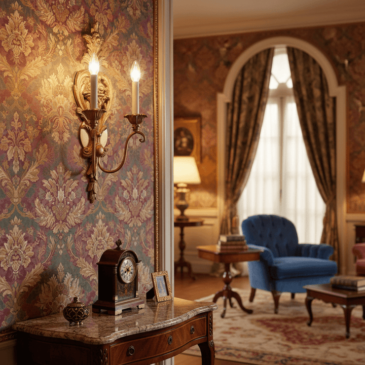 Handcrafted Italian Rococo Gold Leaf Wall Sconce elegantly illuminating a classic room with ornate wallpaper and antique furnishings.