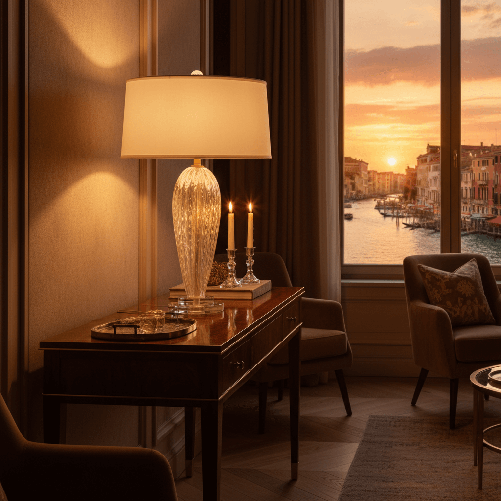Handcrafted Murano Champagne Glass Table Lamp on elegant table in warmly lit room overlooking Venetian sunset.