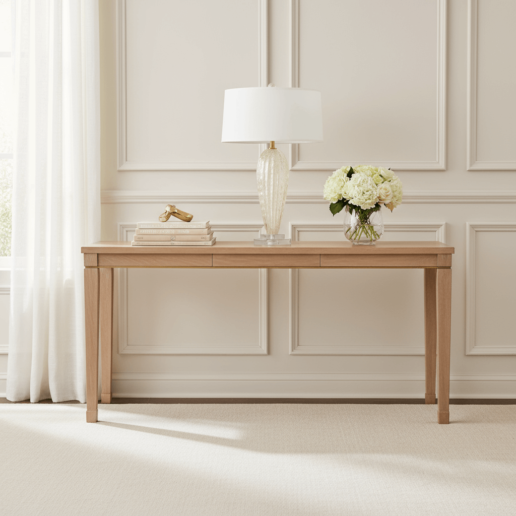 Elegant interior with Handcrafted Murano Champagne Glass Table Lamp on wooden console, Italian decor