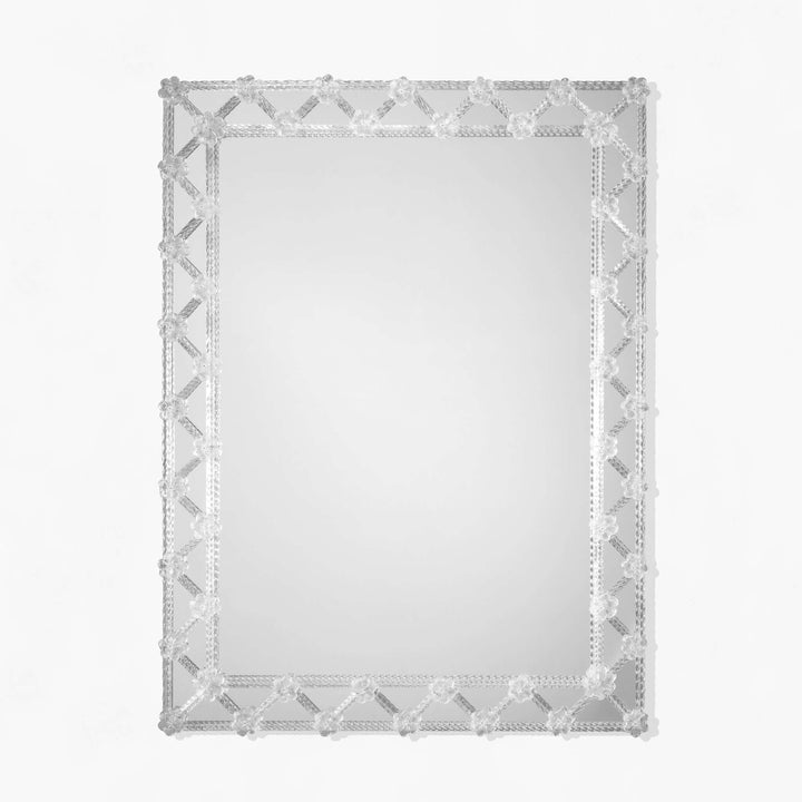 Handcrafted Murano Glass Mirror with Clear Rosettes featuring intricate artisan design and elegant detailing.
