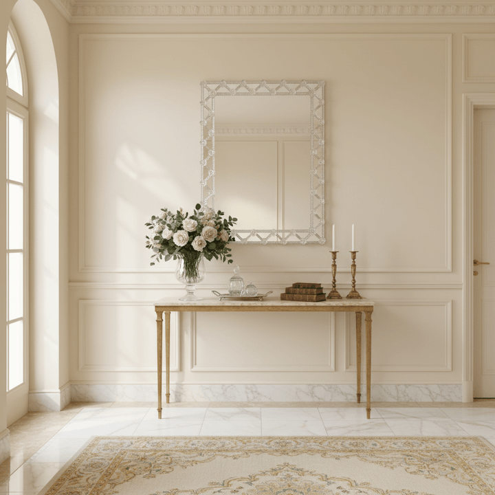 Elegant room featuring a Handcrafted Murano Glass Mirror with Clear Rosettes above a console table with floral arrangement and candles.