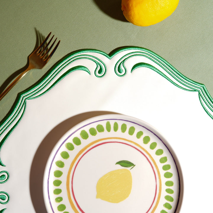 ROYAL WHITE GREEN TRIM SQUARE FAUX LEATHER PLACEMAT (Set Of 4)