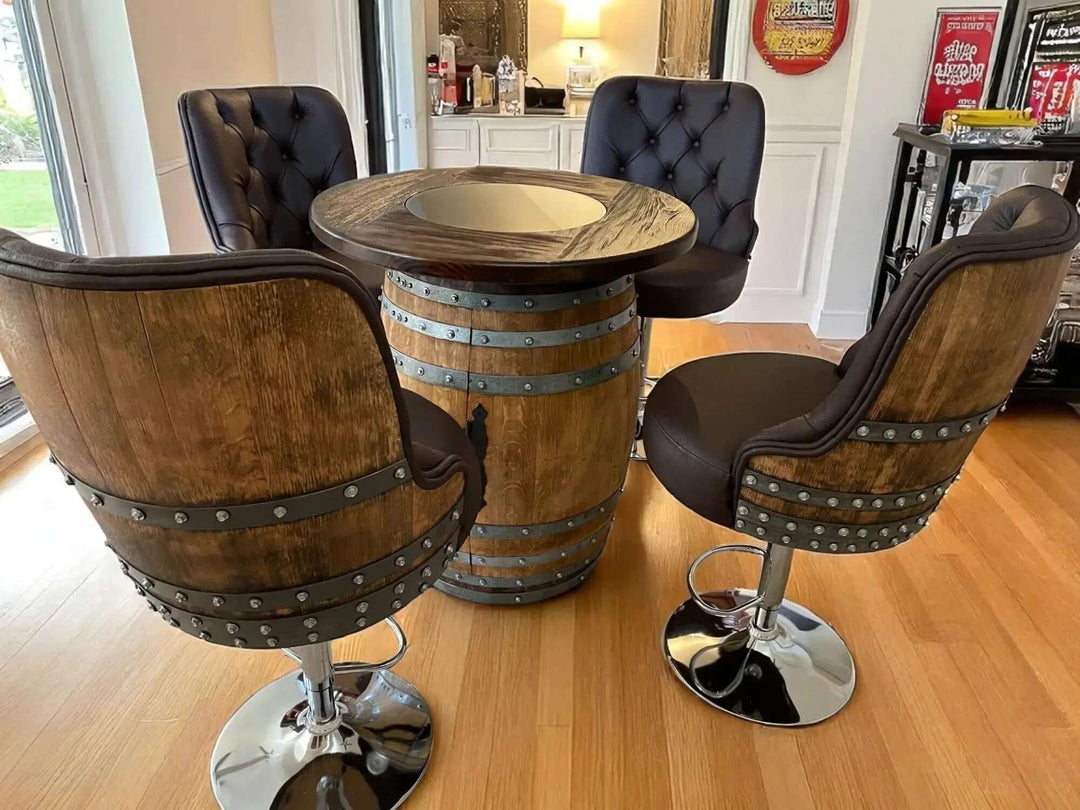 Handcrafted Vintage Oak Barrel Adjustable Bar Stool set around a barrel table, showcasing rustic design and modern comfort in a cozy setting.