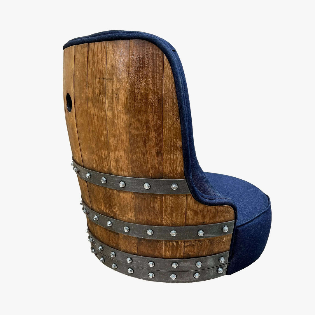 Handcrafted Vintage Oak Barrel Adjustable Bar Stool with metal accents and blue cushion, showcasing rustic design and comfort.