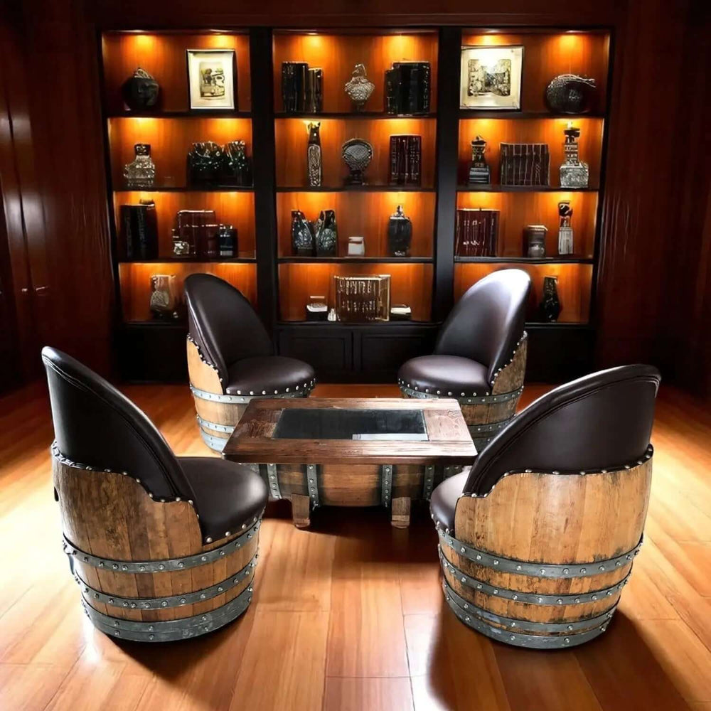 Handcrafted Vintage Oak Barrel Coffee Table and Chairs set in a cozy library setting surrounded by wooden shelves and decor.