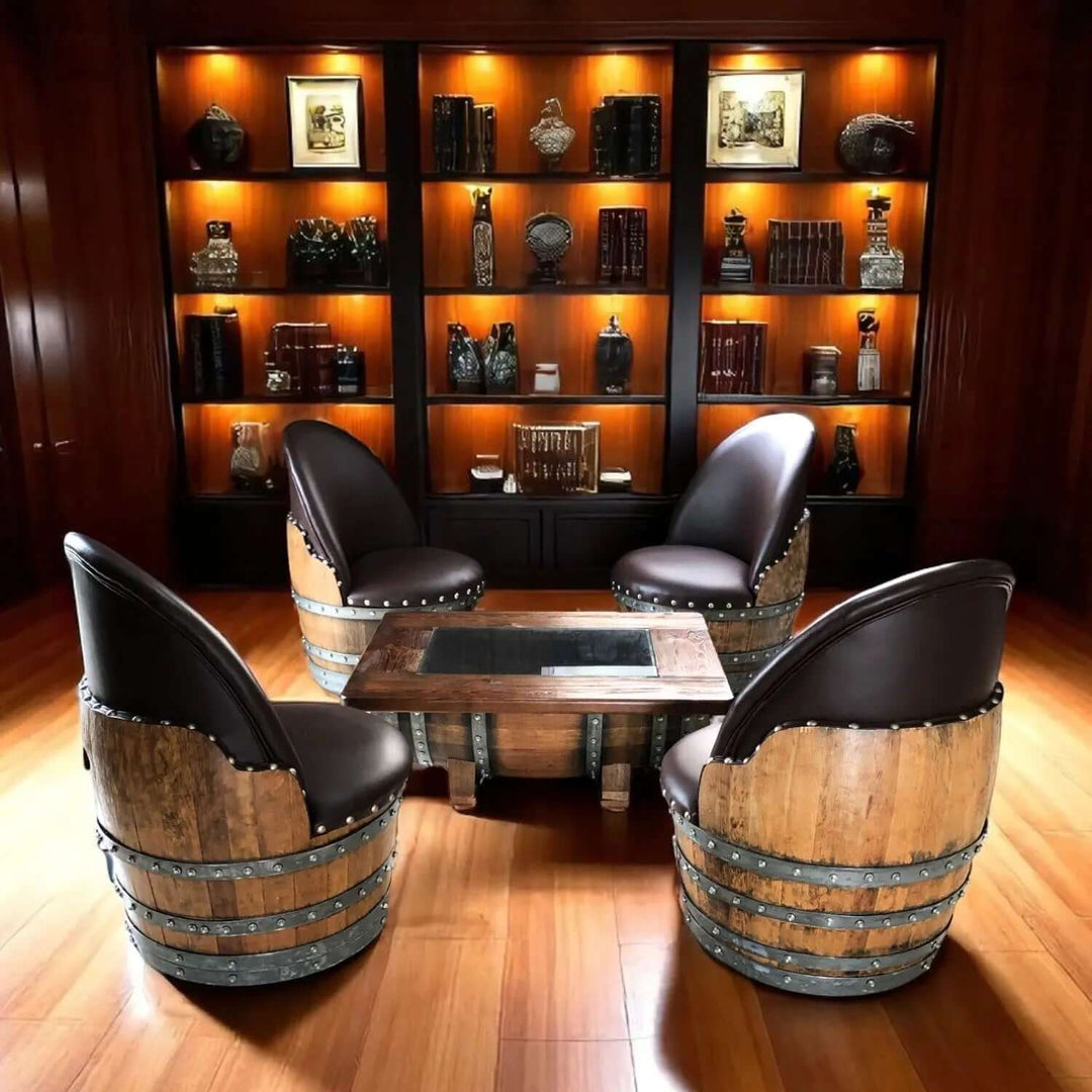 Handcrafted Vintage Oak Barrel Coffee Table and Chairs set in a cozy library setting surrounded by wooden shelves and decor.