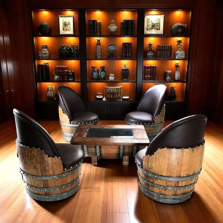 Handcrafted Vintage Oak Barrel Coffee Table and Chairs set in a cozy library setting surrounded by wooden shelves and decor.