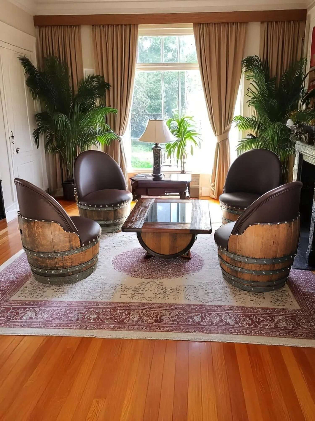 Handcrafted Vintage Oak Barrel Coffee Table and Chairs in a cozy living room setting with sunlight filtering through large windows.