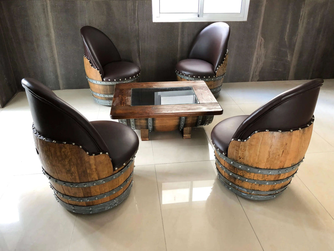 Handcrafted Vintage Oak Barrel Coffee Table and Chairs in a modern room setup.