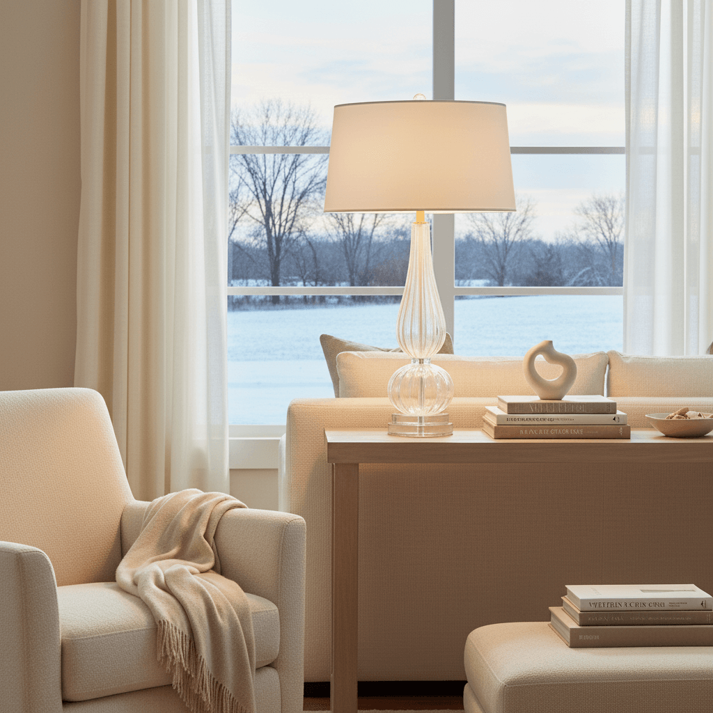 Living room with beige armchair, sofa, and coffee table by a large window with a view of trees and water.