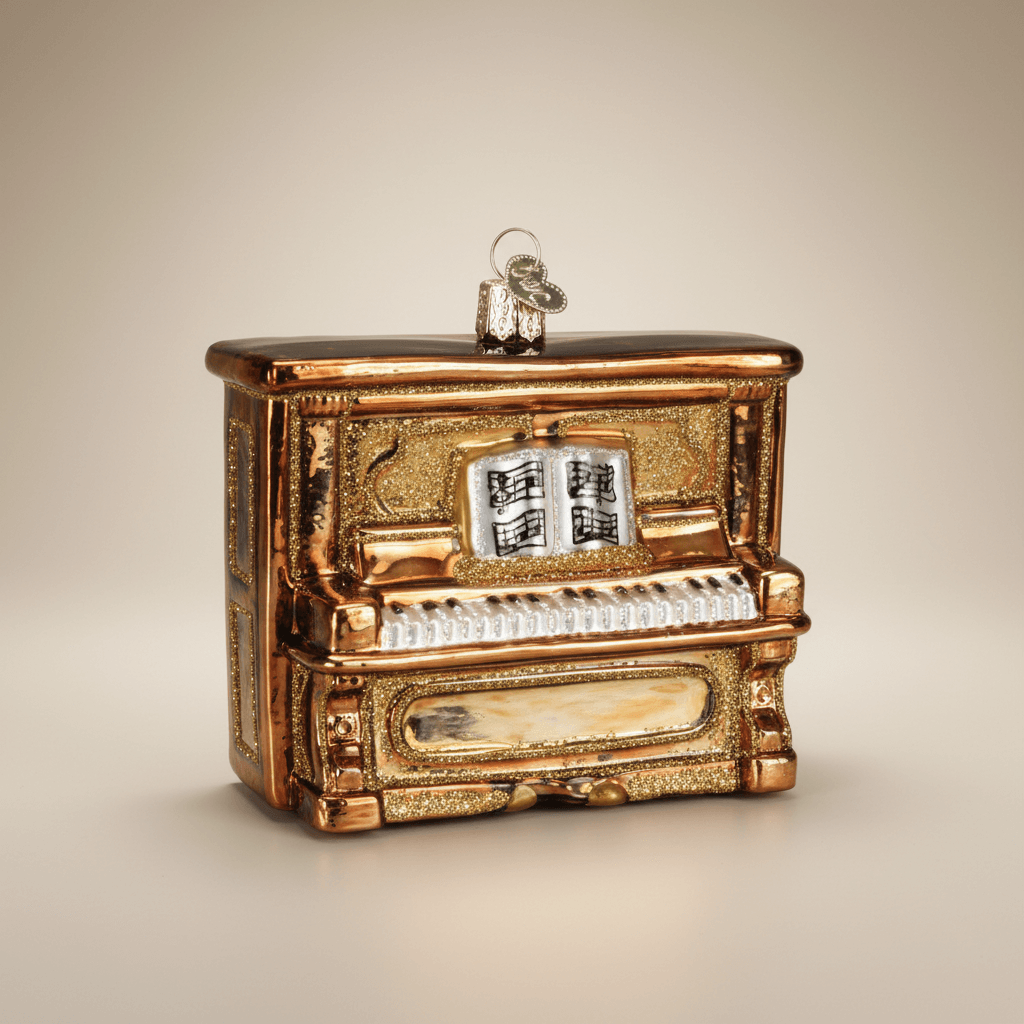 Glass Upright Piano Christmas Ornament with sheet music, golden handcrafted design