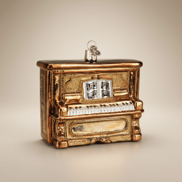 Glass Upright Piano Christmas Ornament with sheet music, golden handcrafted design