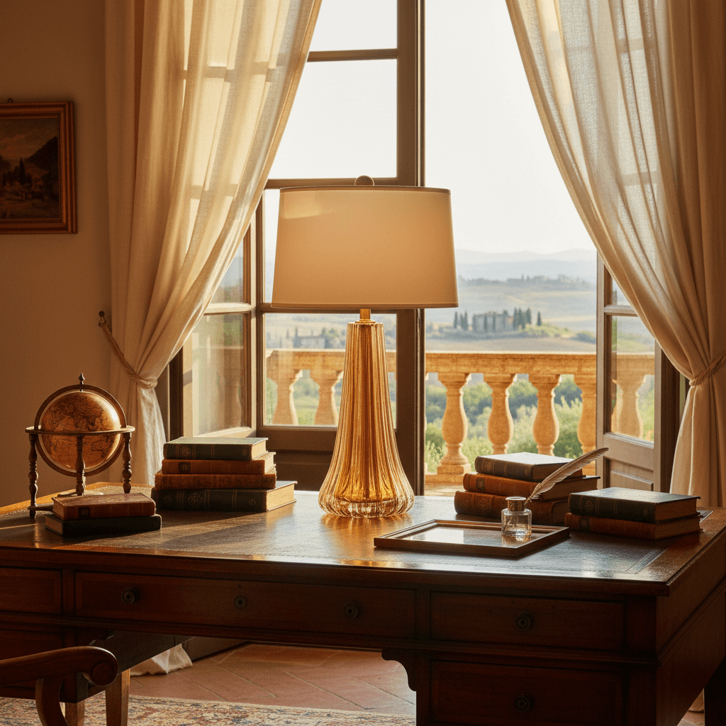 Wooden desk with lamp, books, and globe in a room with large windows and curtains.