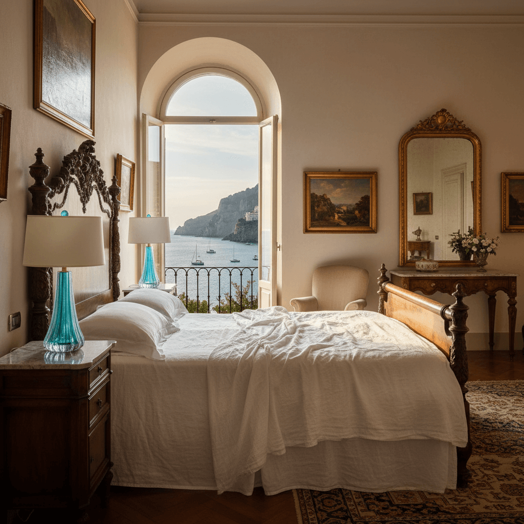 Handcrafted Italian Blue Murano Glass Table Lamp in elegant bedroom setting with ocean view