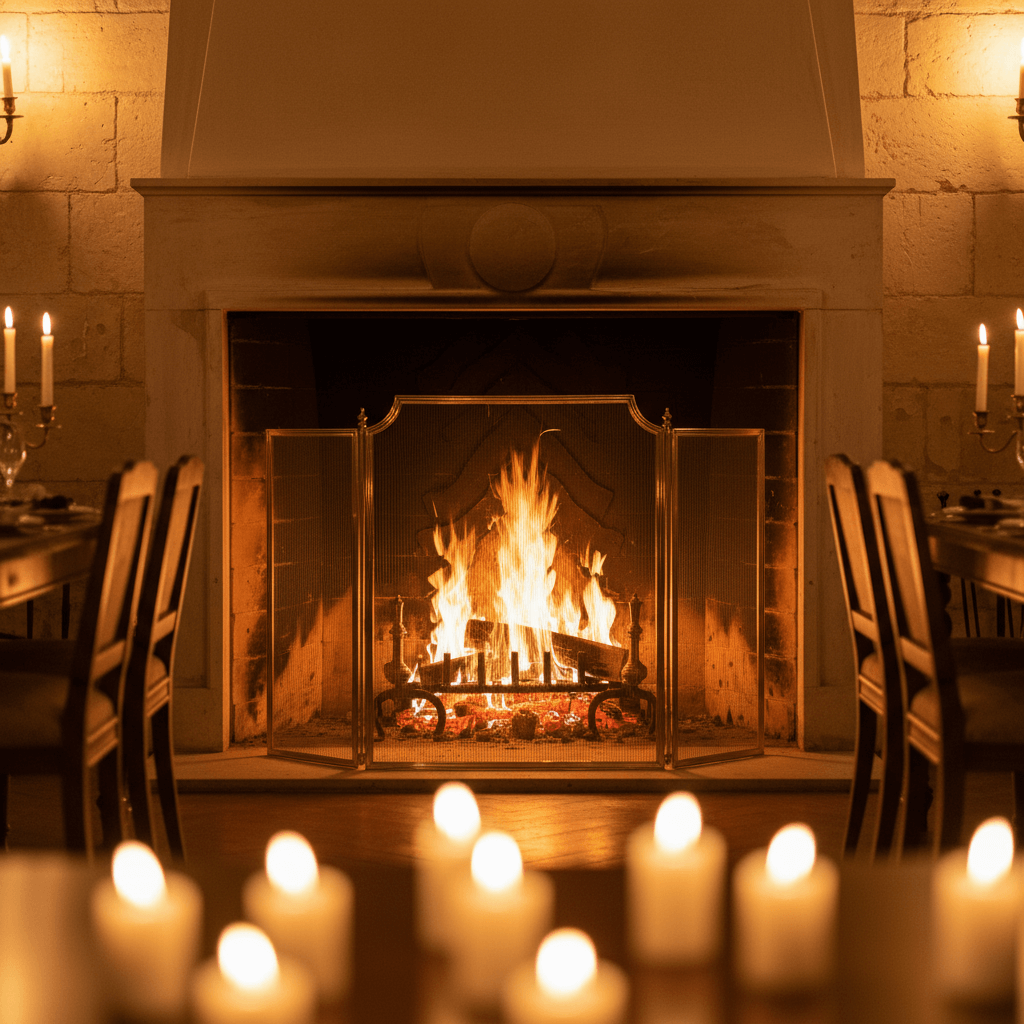 Elegant room with glowing candles and Handcrafted Italian Brass Fireplace Screen in front of burning fire, creating a cozy ambiance.