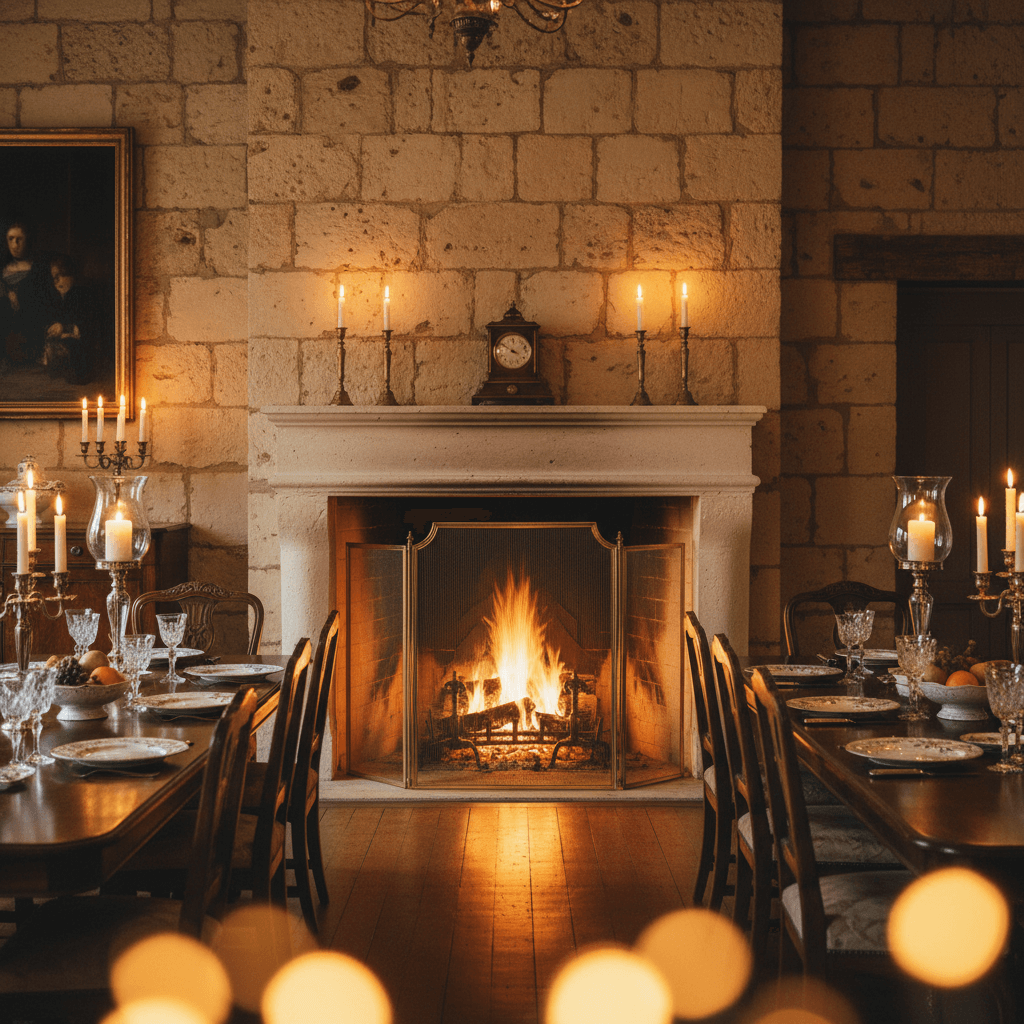 Dining room with a lit hearth featuring a Handcrafted Italian Brass Fireplace Screen enhancing vintage elegance.